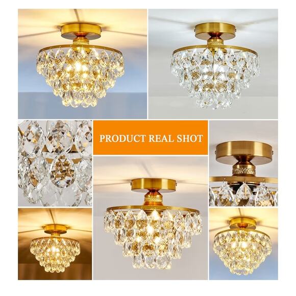 YYJLX Modern Crystal Semi Flush Mount Gold Ceiling Light Fixture 9.8" E26 - Picture 6 of 11
